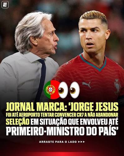 JJ FOI ATR&Aacute;S DE CR7 NO AEROPORTO, SEGUNDO JORNAL ESPANHOL ✈️🇵🇹 A crise entre Cristiano Ronaldo e Jorge Jesus ganhou novos cap&iacute;tulos. Segundo o jornal Marca, o t&eacute;cnico e Pedro Proen&ccedil;a, presidente
