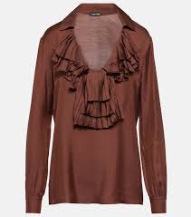 Ruffled twill blouse in brown