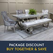 Bespoke, dining , furniture, tables, tables, vida living tags: Vida Living Arianna Grey Marble Table 180cm With 4 Pewter Belvedere Chairs 1 Bench Fusion Furniture Store