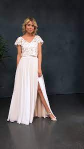 Zweiteiliges hochzeitskleid mit tüllrock in blush und spitzentop. Langer Braut Rock Aus Chiffon Mit Beinschlitz May Zweiteiliges Hochzeitskleid Braut Chiffonrock
