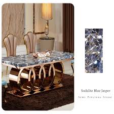 The stone paired with the premium finish makes for a quality piece of furniture. Sodalite Blue Jasper Semi Precious Stone Furniture Long Dining Table For Dining Room Buy Luxury Blue Gemstone Marble Table Stone Furniture Blue Gemstone Table Top Countertop Custom Unique Blue Stone Dining Room Tables