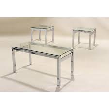 Add a unique touch to any living space with the. Epsom Three Piece Clear Glass Set Chrome Coffee Lamp Tables