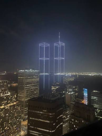 The Twin Towers Drone show along side The Tribute in Lights honors the lives lost 25 years ago on September 11th, 2001 and reminds us that their memory will never fade 🇺🇸 #