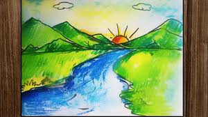 How to draw sunrise with oil pastel, sunrise scenery. How To Draw Simple Sunrise Scenery With Mountain For Beginner Hill Sce Sunrise Drawing Easy Drawings Drawing Scenery