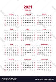 Calendar 2021 12 Months Yearly Calendar Vector Image