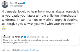 The show premiered on january 17, 2011, and filled in the former larry king live timeslot. Piers Morgan And Jameela Jamil Drag Each Other On Twitter And It Ends With Jameela Blocking