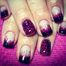 black tip pink glitter fade gel nails