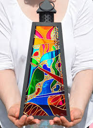 Stained Glass Candle Lantern Hand Painted Abstract Art Etsy In 2020 Glass Candle Lantern Stained Glass Candles Stained Glass