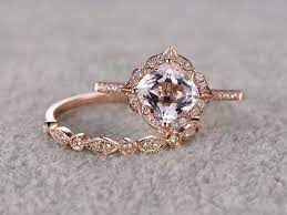 2pcs Morganite Bridal Ring Set Engagement Ring Rose Gold Diamond Wedding Band 1 Wedding Rings Vintage Morganite Wedding Rings Rose Gold Diamond Ring Engagement