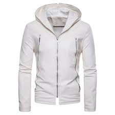 Men Hooded Faux Leather Zip Front Jacket White 3c94469913 Size M Leather Jacket With Hood Leather Fashion Men Leather Jacket Men
