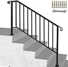 Happybuy Handrail Picket 4 Fits 4 Or 5 Steps Matte Black Stair Rail Wrought Iron In 2020 Wrought Iron Stair Railing Wrought Iron Handrail Handrails For Concrete Steps