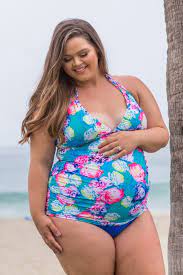 Aqua Multi Color Floral Plus Maternity Halter Tankini Top Tankini Halter Top Tankini Plus Swimwear