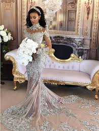 Silver Luxury Lace Long Sleeve Mermaid High Neck Wedding Dresses Ba6703 High Quality Wedding Dresses Prom Dresses Evening D Jurk Bruiloft Trouwjurk Avondjurk