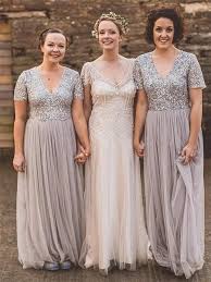 A Line V Neck Short Sleeves Sequin Top Long Tulle Bridesmaid Dresses Bd0594 Silver Sequin Bridesmaid Dress Sequin Bridesmaid Dresses Bridesmaid Dresses With Sleeves