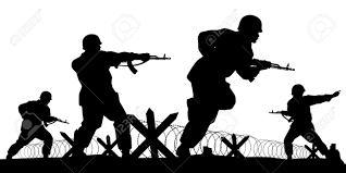 戦争シルエットベクトル、あなたの背景デザインのイラスト、戦いの軍人のライフル銃で兵士の軍隊。のイラスト素材・ベクター Image 183203789