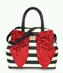 Black And White Striped Purse With Red Bow Betsey Johnson Purse Black White Stripe Red Sequin Oh Bow Large Satchel Tote Betsey Johnson Purse Handbags Betsey Johnson Purses Betsy Johnson Purses