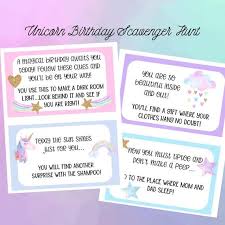 Scavenger Hunt To Find Birthday Present Unicorn Birthday Scavenger Hunt Birthday Clue Cards Unicorn Etsy In 2020 Scavenger Hunt Birthday Treasure Hunt For Kids Scavenger Hunt Clues