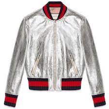 Gucci Crackle Leather Bomber Jacket Metallic Bomber Jacket Floral Bomber Jacket Striped Leather Jacket