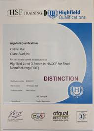 Excited to announce that I've been awarded a distinction in level 3 HACCP… 