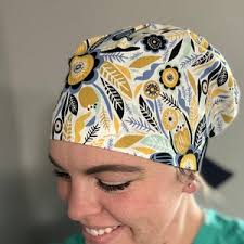 Gold Floral Pixie Tie-back Scrub Cap for Women, Metallic Roses