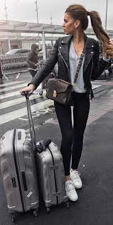Travel Outfits Airport Style How To Look Fashionable During Travel Just The Design Fall Travel Outfit Leather Jacket Outfits Black Leather Jacket Outfit