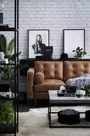 Modern Industrial Living Room With Tan Leather Sofa And Concrete Coffee Table Livingroomdec Modern Industrial Living Room Living Room Grey Couches Living Room
