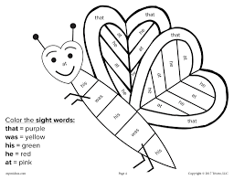 valentine s day color by sight word 4 printable worksheets supplyme