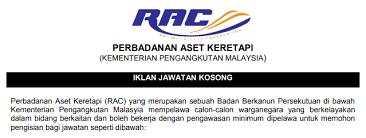 Projek pembangunan infrastruktur dan kemudahan kereta api (geran persekutuan). Jawatan Kosong Perbadanan Aset Keretapi Rac