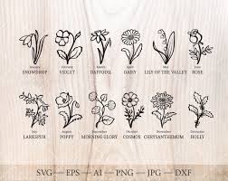 Birth Flower Svg Bundle Birth Month Flower Outline Drawings Etsy