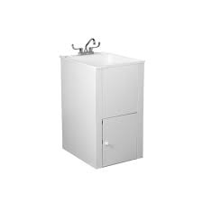 Stainless steel laundry sink with faucet and white storage cabinet L5 Appliance Depth Laundry Tub With Cabinet Laundry Sink Fiat Products Fiat Products
