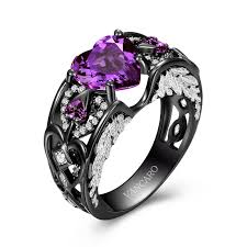 Amethys Heart Ring Black And Purple Unique Engagement Ring For Women In Angel Wing Style Black Gold Ring Black Wedding Rings Womens Engagement Rings
