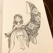 noriko on instagram 夜空を見上げたら 見事な三日月がみえたので フェアリーが月に座っている様子を描いてみました イラスト ゼンタングル zia zenart zendoodle zentangle draw dood instagram posts zentangle art