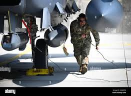 Lask Air Base, Poland -- Master Sgt. Kevin Winter, South Dakota Air  National Guard 114th Aircraft Maintenance Squadron crew chief, directss an  F-16 Fighting Falcon to its parking spot as it arrives
