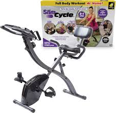 Amazon Com As Seen On Tv Slim Cycle Stationary Bike By Bulbhead Most Comfortable Exercise Machine Thick Extra Wide Seat Back Support Cushion Recline Or Upright Position Twice The Results In Half