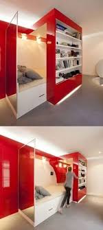 Red Nest By Paul Coudamay Hides The Bed With A Sliding Bookcase Awesome Bedrooms Bedroom Design Hidden Bed