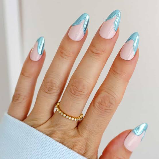 Futuristic Liquid Blue Chrome French Tips, AI generated