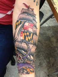 Want to see the best maryland flag tattoo designs? Clipper Ship With Maryland Flag Sails Battling Giant Sea Creature By Jason Dorrier At Olde Line In Hagerstown Md Maryland Tattoo Sleeve Tattoos Sailor Tattoos