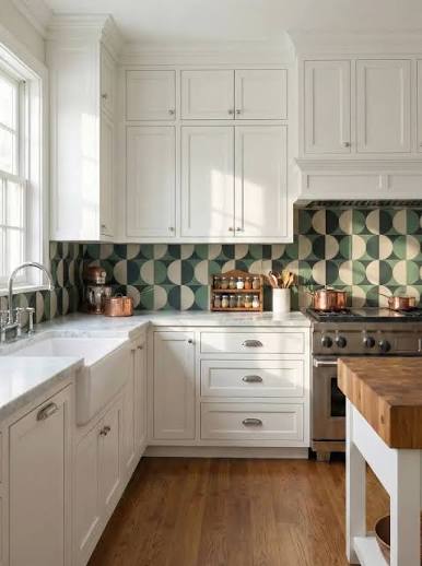 8" x 8" Rigid Green DIY Peel & Stick Graphic Patterned Tile Backsplash Colamo