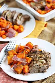 Balsamic Dijon Pork Loin With Sweet Potatoes Onions Carrots Foodal Recipe Roasted Pork Tenderloin Recipes Pork Tenderloin Recipes Roasted Pork Tenderloins