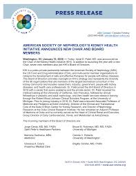 AMERICAN SOCIETY OF NEPHROLOGY'S KIDNEY HEALTH INITIATIVE ANNOUNCES NEW  CHAIR AND BOARD MEMBERS