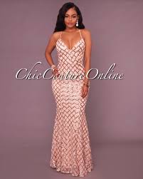 Bariano Nude Rose Gold Sequins Crisscross Maxi Dress