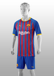 Featuring a reimagined red and blue stripe layout. Barcelona Home Kit 2022