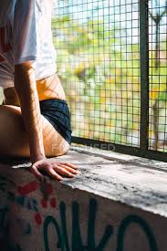 Create a beautiful black and white effect on your photo online! Crop Woman Wearing Black Panties Posing At Window Sill With Grid Person Old Stock Photo 176687386