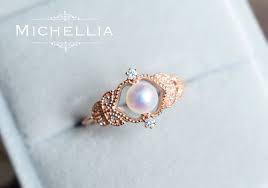 Adeline Pearl Engagement Ring Vintage Rose Akoya Pearl Ring Floral Pearl Engagement Ring Leaf Ring 14k Rose Gold 18k Gold Platinum Pearl Engagement Ring Wedding Rings Vintage Akoya Pearl Ring
