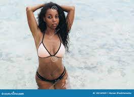 Portrait of Dark Skinned Afro American Girl with Big Breasts on Beach.  Stock Image - Image of vacation, body: 145169529