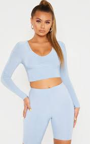 Baby Blue Mix Match Second Skin Long Sleeve V Neck Crop Top