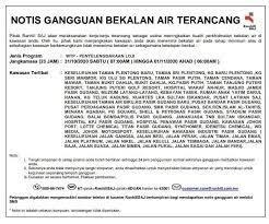 Dalam pada itu dengan keadaan air terhad itu maka timbullah masalah kekurangan bekalan atau sesetengahnya. Notis Gangguan Bekalan Air Terancang Kelab Info Malaysia ÙÙŠØ³Ø¨ÙˆÙƒ