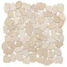 Premium carrera white marble random round pieces mounted on 12 x 12 sturdy mesh tile sheet. Pebbles Emser Tile