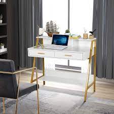 $579.00 add to wish list. Modern Writing Desk With Hutch 39 X 19 Workstation Computer Work Study Table For Home Office Furniture Vanity Make Up Desk 3 Tier Storage Shelf And 2 Drawers White Gold Buy Online