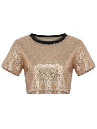 Sequin Round Neck Crop Tee Casual Summer Shirts Long Sleeve Chiffon Shirt Fashion
